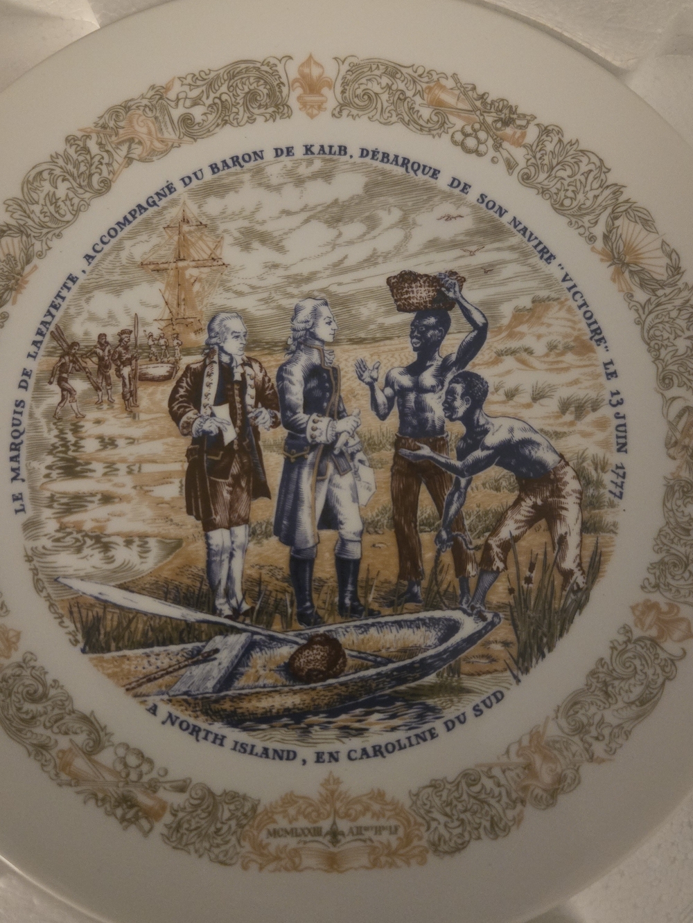Decorative Historical Transferware Plate in Blue and Gold